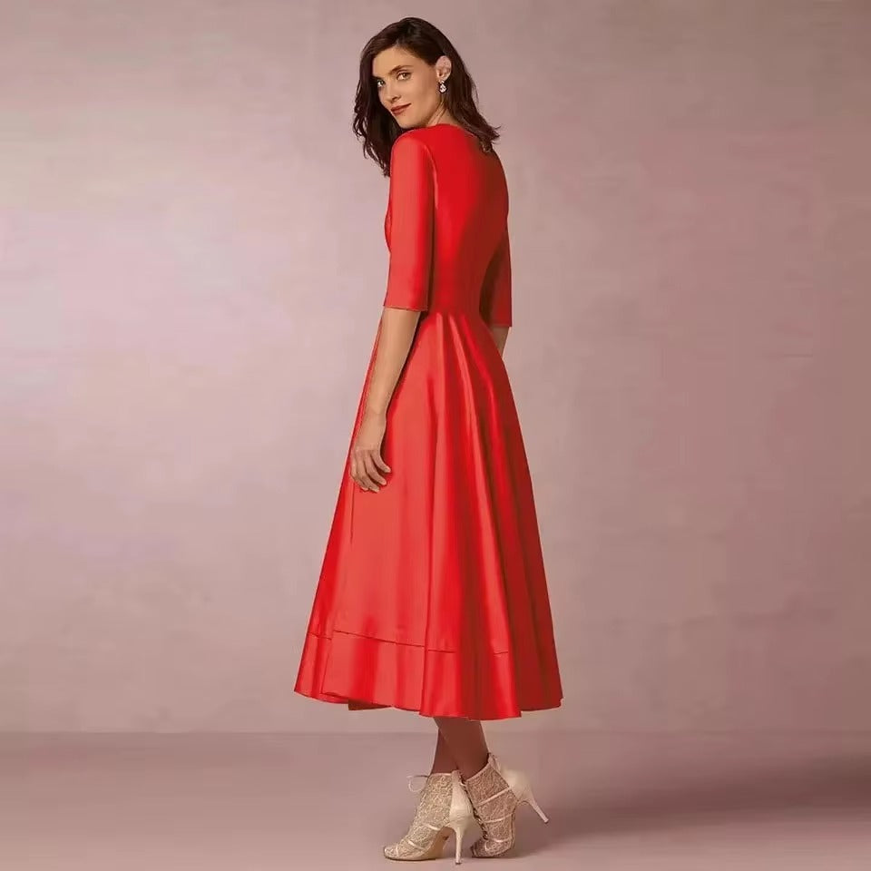 Elegant Solid V neck Half Sleeve Daily Casual Medium-length Dress