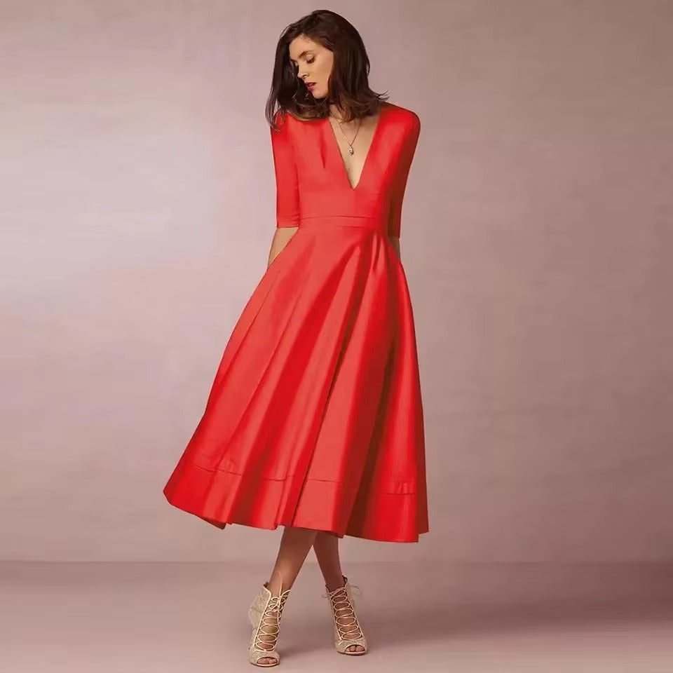 Elegant Solid V neck Half Sleeve Daily Casual Medium-length Dress