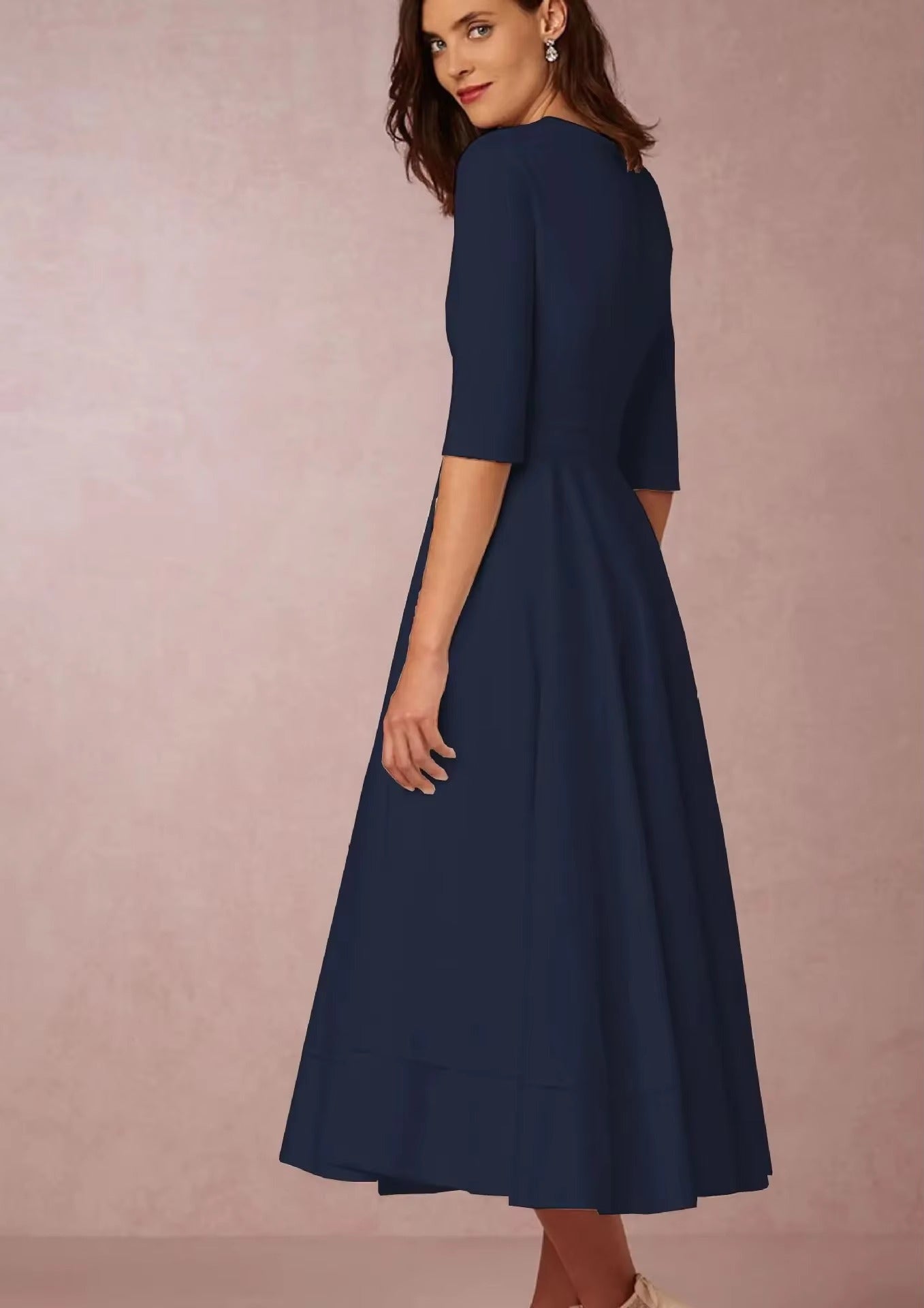 Elegant Solid V neck Half Sleeve Daily Casual Medium-length Dress