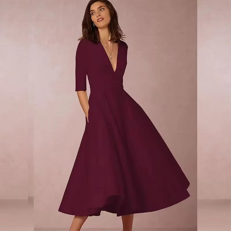 Elegant Solid V neck Half Sleeve Daily Casual Medium-length Dress