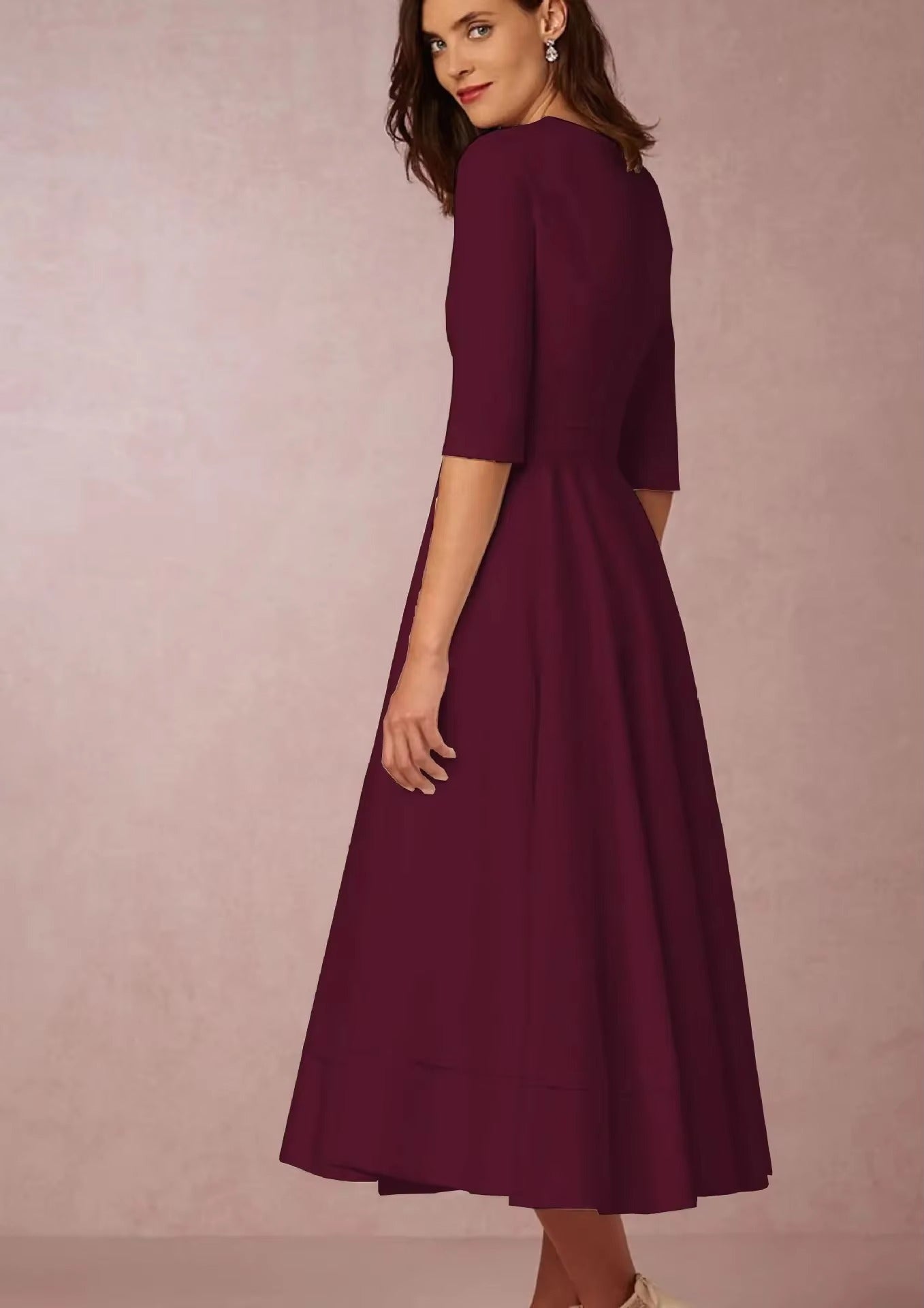 Elegant Solid V neck Half Sleeve Daily Casual Medium-length Dress