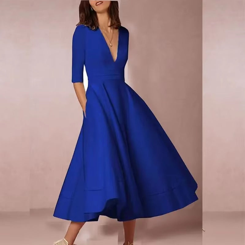 Elegant Solid V neck Half Sleeve Daily Casual Medium-length Dress