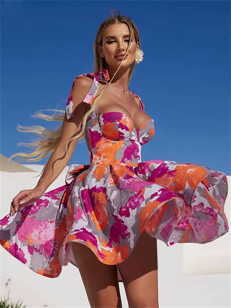 Elegant Spaghetti Strap A-Line Skinny Camouflage Print Night Club Mini Dress