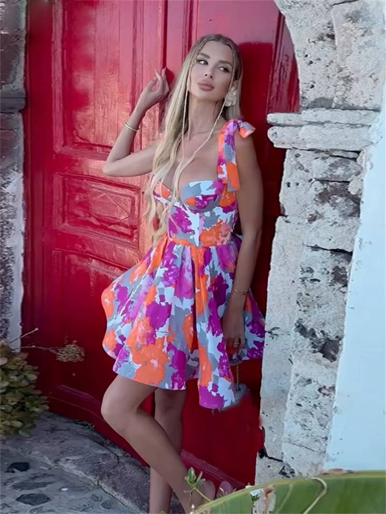 Elegant Spaghetti Strap A-Line Skinny Camouflage Print Night Club Mini Dress