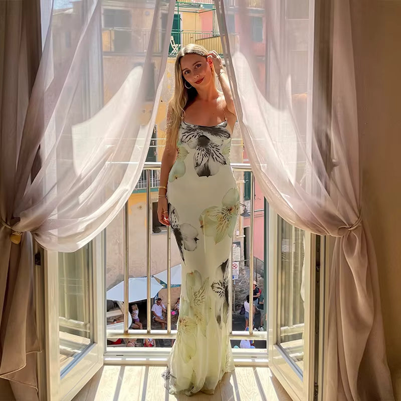 Elegant Spaghetti Strap Backless Bandage Ankle-Length Slim Maxi Dress