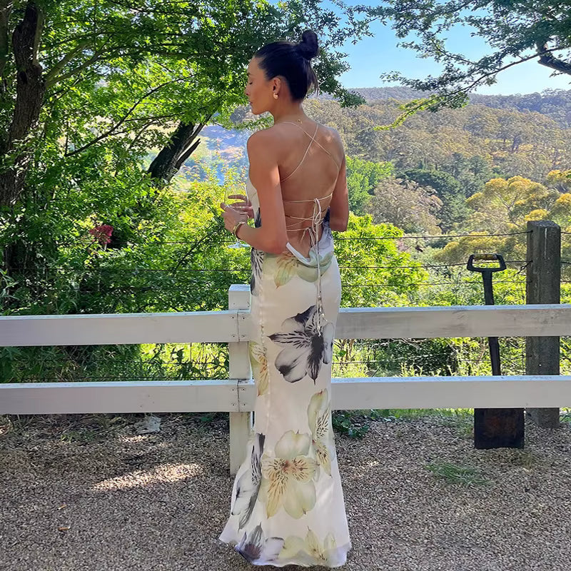 Elegant Spaghetti Strap Backless Bandage Ankle-Length Slim Maxi Dress