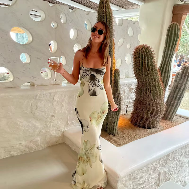 Elegant Spaghetti Strap Backless Bandage Ankle-Length Slim Maxi Dress