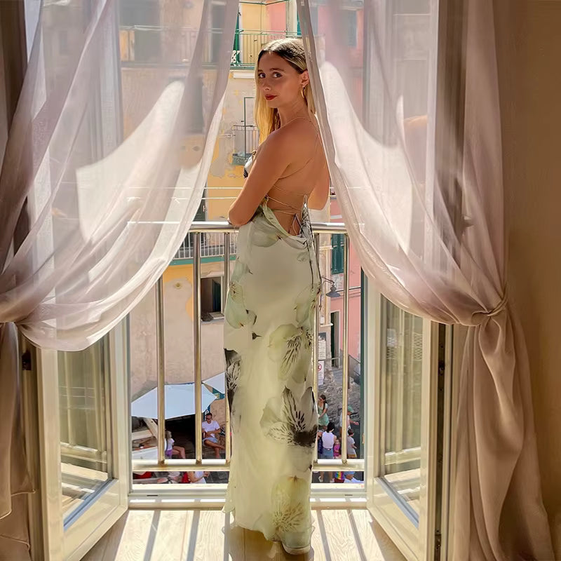 Elegant Spaghetti Strap Backless Bandage Ankle-Length Slim Maxi Dress