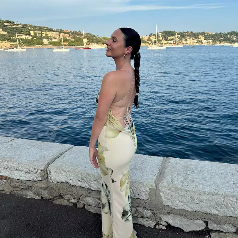 Elegant Spaghetti Strap Backless Bandage Ankle-Length Slim Maxi Dress
