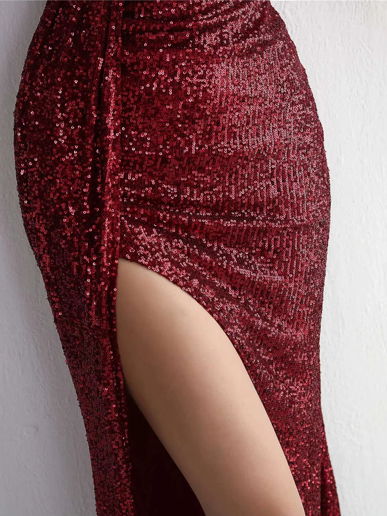 Elegant Spaghetti Strap Backless Diagonal collar Sequin Maxi Dress