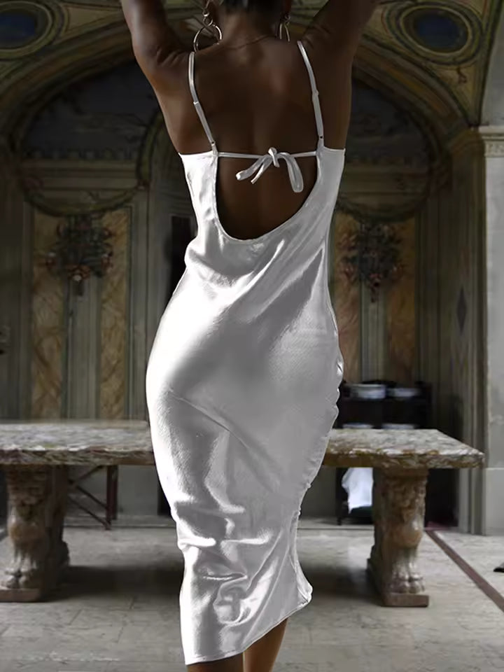 Elegant Spaghetti Strap Backless Satin Lace Up Trumpet Evening Bodycon Party Dresses