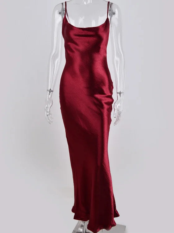 Elegant Spaghetti Strap Backless Satin Lace Up Trumpet Evening Bodycon Party Dresses