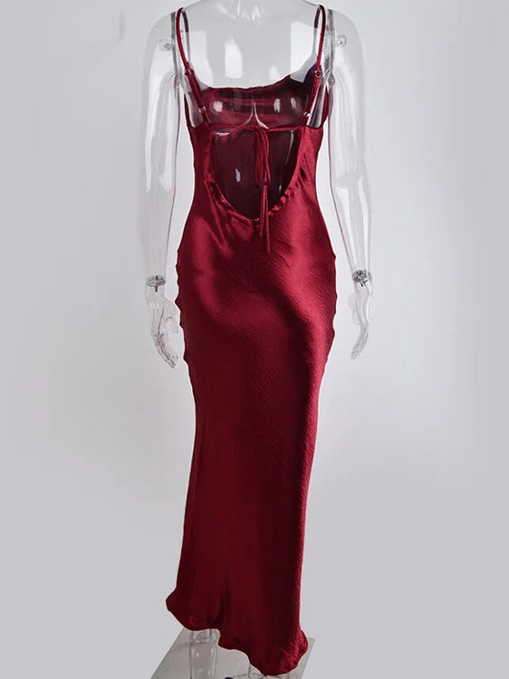 Elegant Spaghetti Strap Backless Satin Lace Up Trumpet Evening Bodycon Party Dresses