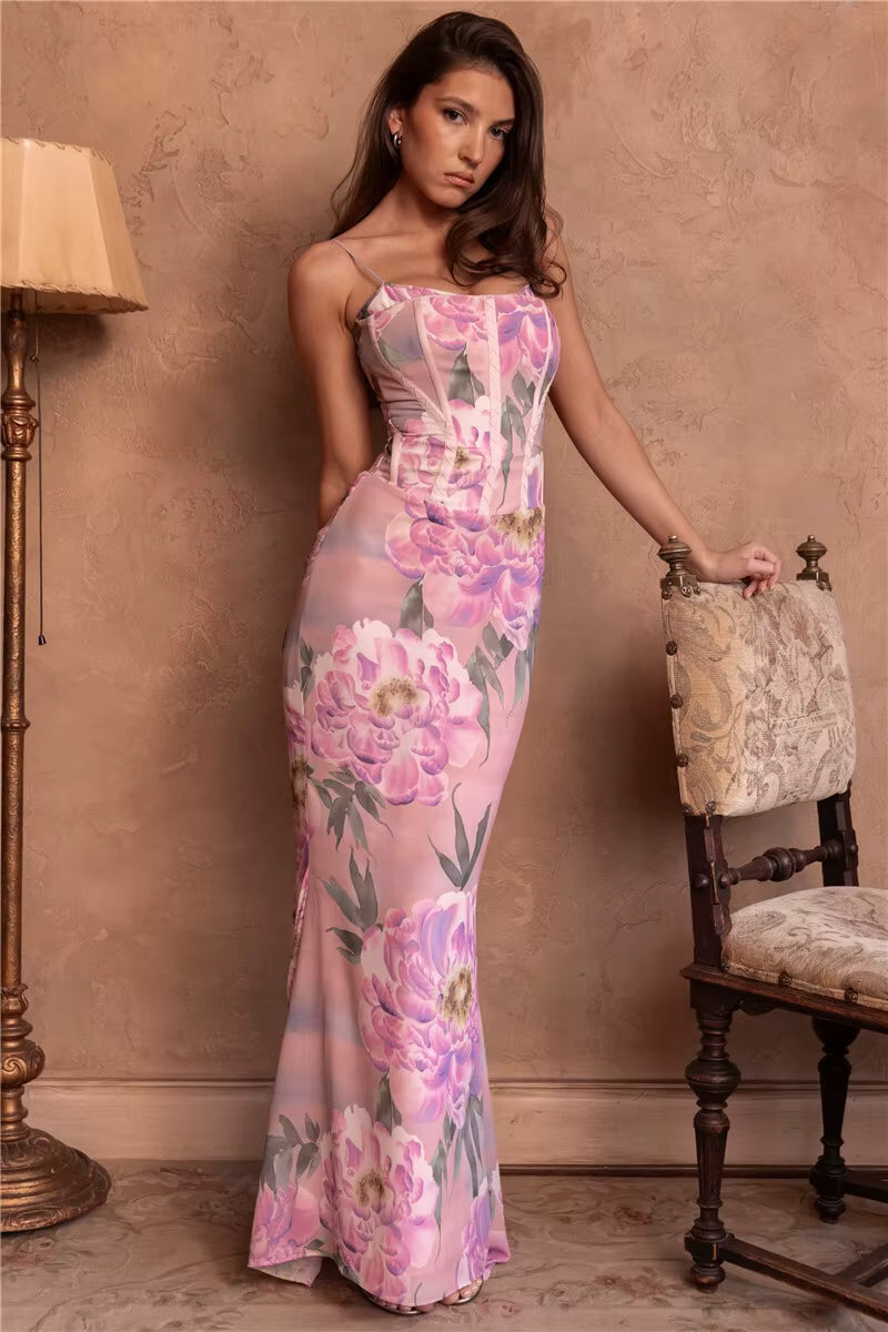 Elegant Spaghetti Strap Floor-Length Backless Sleeveless Maxi Dress