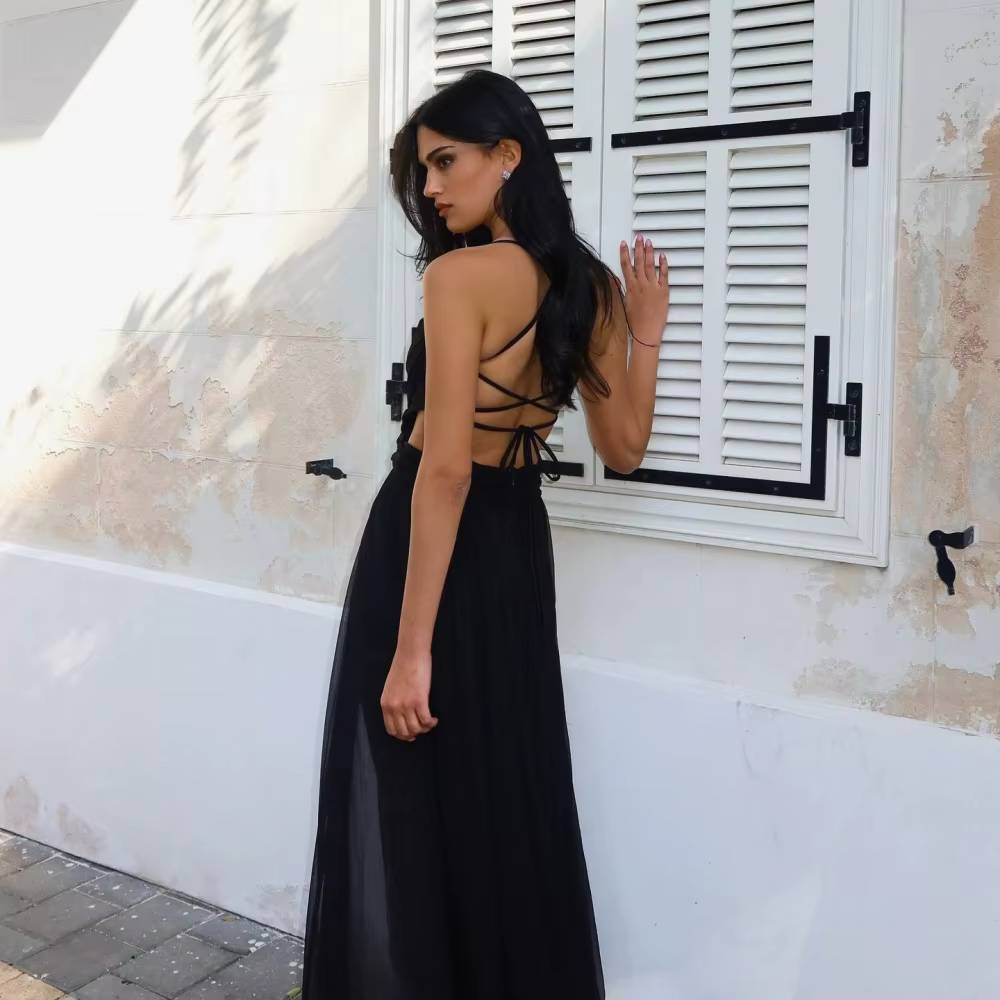 Elegant Spaghetti Strap Backless Sleeveless Side Slit Floor-Length Maxi Dress
