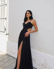 Elegant Spaghetti Strap Backless Sleeveless Side Slit Floor-Length Maxi Dress