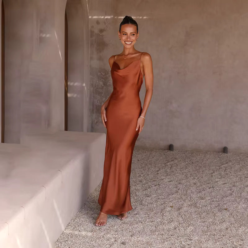 Elegant Spaghetti Strap Backless Zipper Satin V Neck Long Maxi Dress