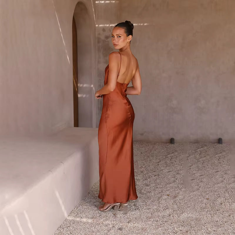 Elegant Spaghetti Strap Backless Zipper Satin V Neck Long Maxi Dress