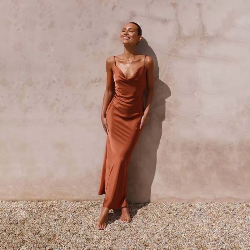 Elegant Spaghetti Strap Backless Zipper Satin V Neck Long Maxi Dress