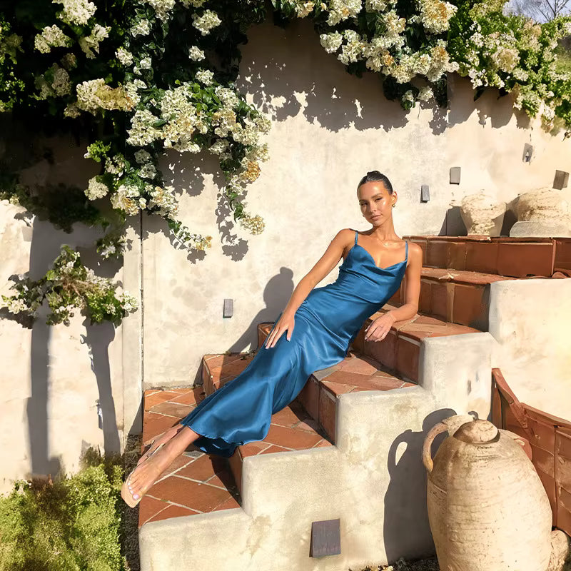 Elegant Spaghetti Strap Backless Zipper Satin V Neck Long Maxi Dress