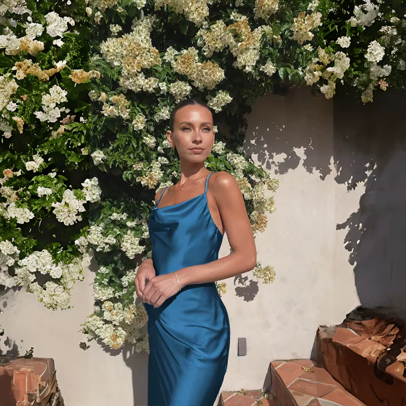 Elegant Spaghetti Strap Backless Zipper Satin V Neck Long Maxi Dress