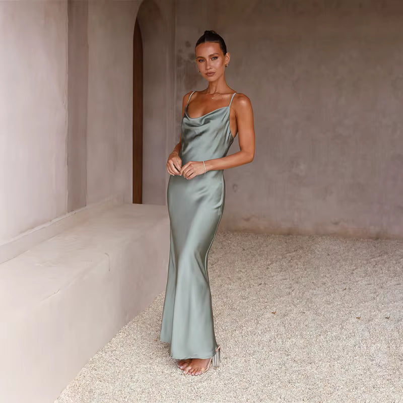 Elegant Spaghetti Strap Backless Zipper Satin V Neck Long Maxi Dress