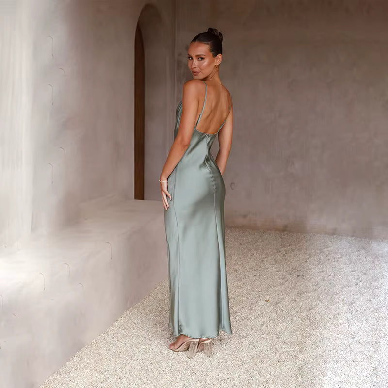 Elegant Spaghetti Strap Backless Zipper Satin V Neck Long Maxi Dress