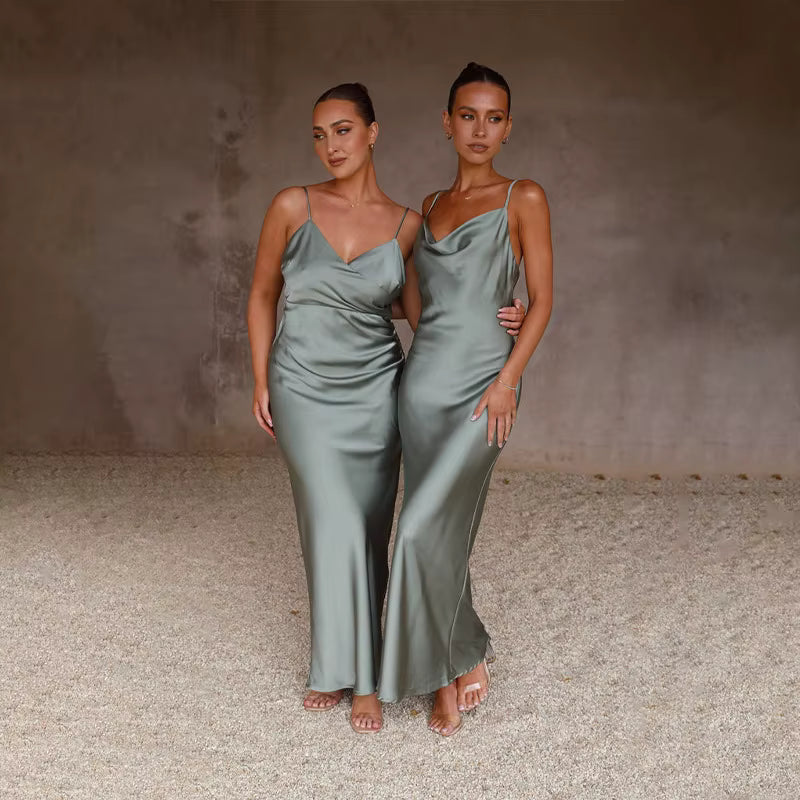 Elegant Spaghetti Strap Backless Zipper Satin V Neck Long Maxi Dress
