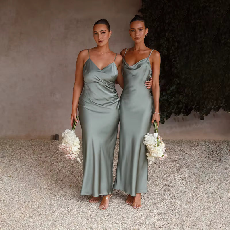 Elegant Spaghetti Strap Backless Zipper Satin V Neck Long Maxi Dress