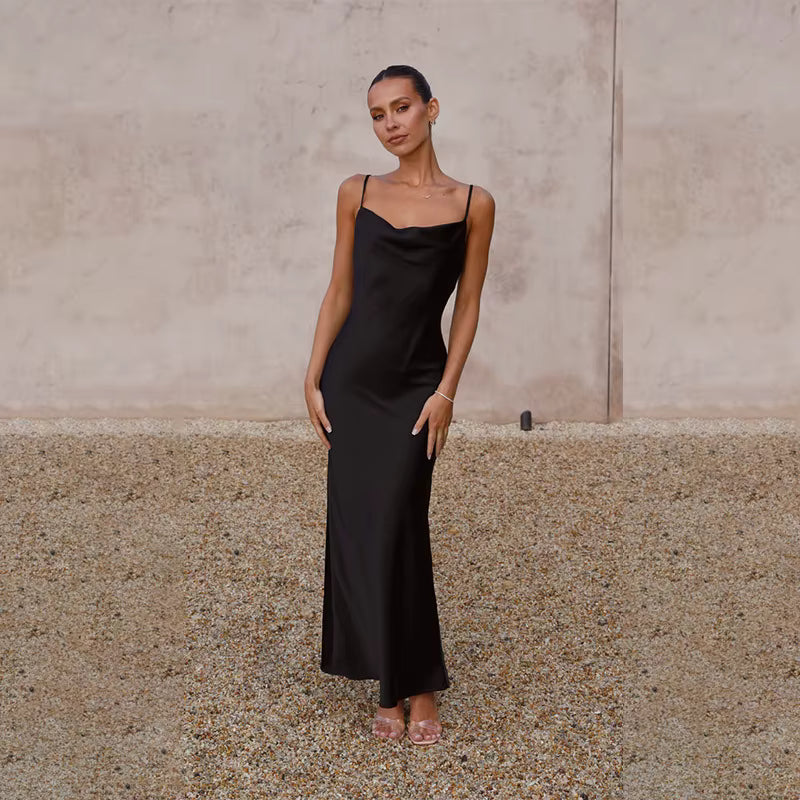 Elegant Spaghetti Strap Backless Zipper Satin V Neck Long Maxi Dress