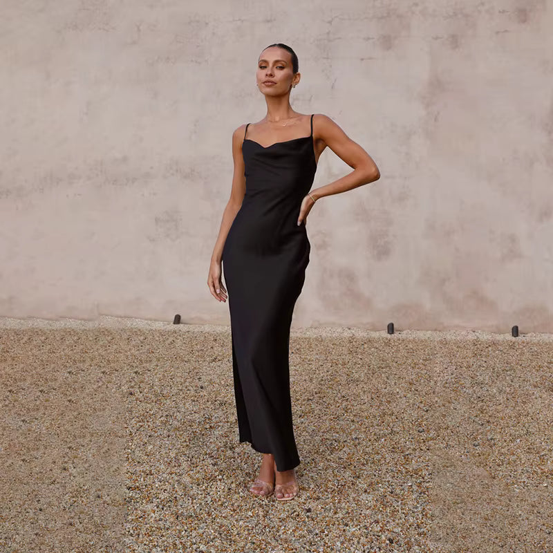 Elegant Spaghetti Strap Backless Zipper Satin V Neck Long Maxi Dress