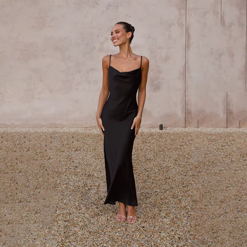 Elegant Spaghetti Strap Backless Zipper Satin V Neck Long Maxi Dress