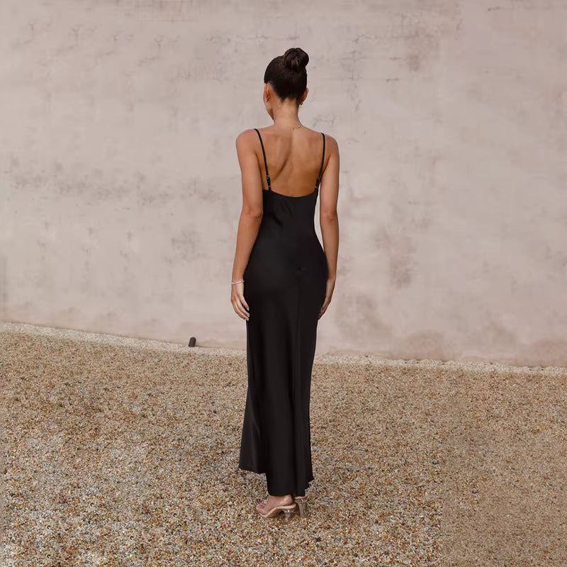 Elegant Spaghetti Strap Backless Zipper Satin V Neck Long Maxi Dress