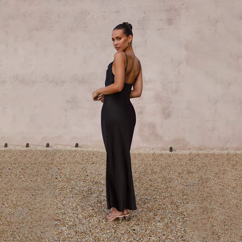 Elegant Spaghetti Strap Backless Zipper Satin V Neck Long Maxi Dress