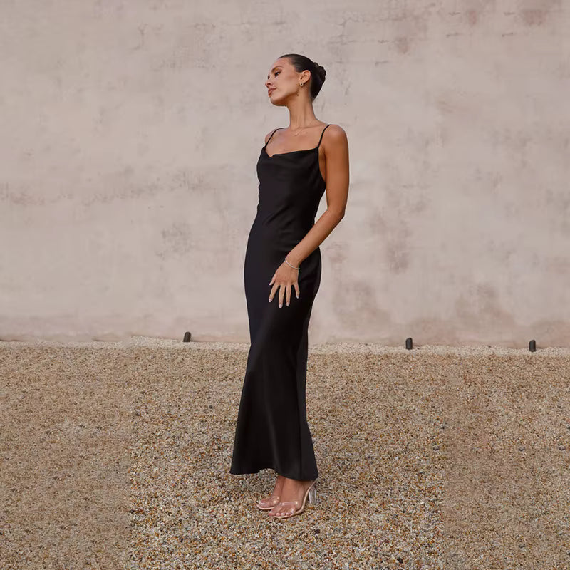 Elegant Spaghetti Strap Backless Zipper Satin V Neck Long Maxi Dress