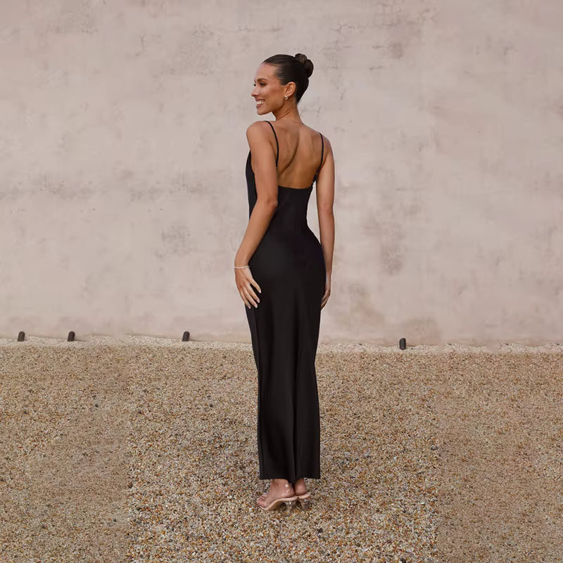Elegant Spaghetti Strap Backless Zipper Satin V Neck Long Maxi Dress