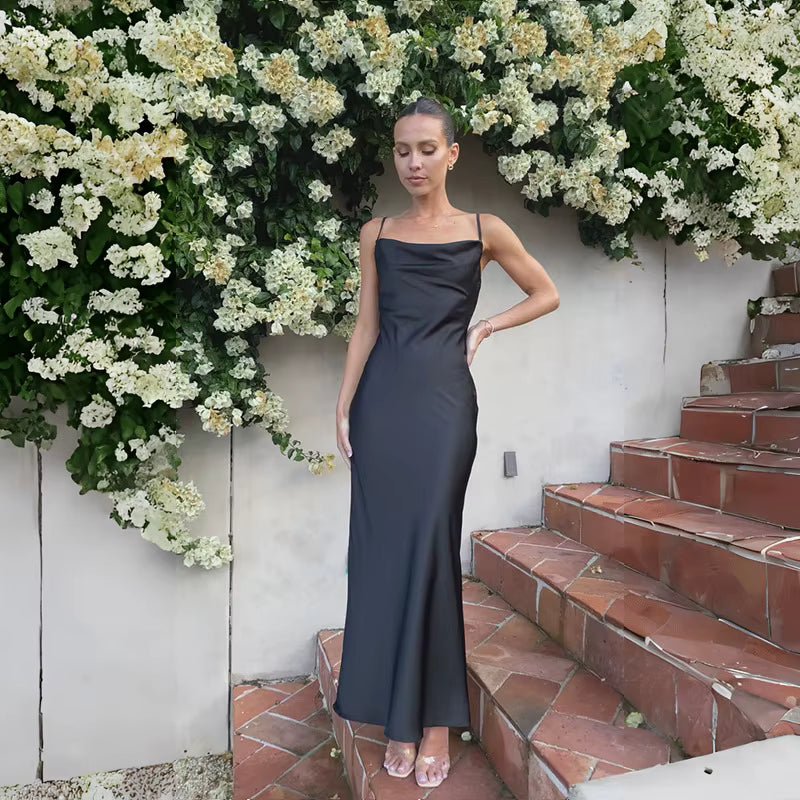 Elegant Spaghetti Strap Backless Zipper Satin V Neck Long Maxi Dress