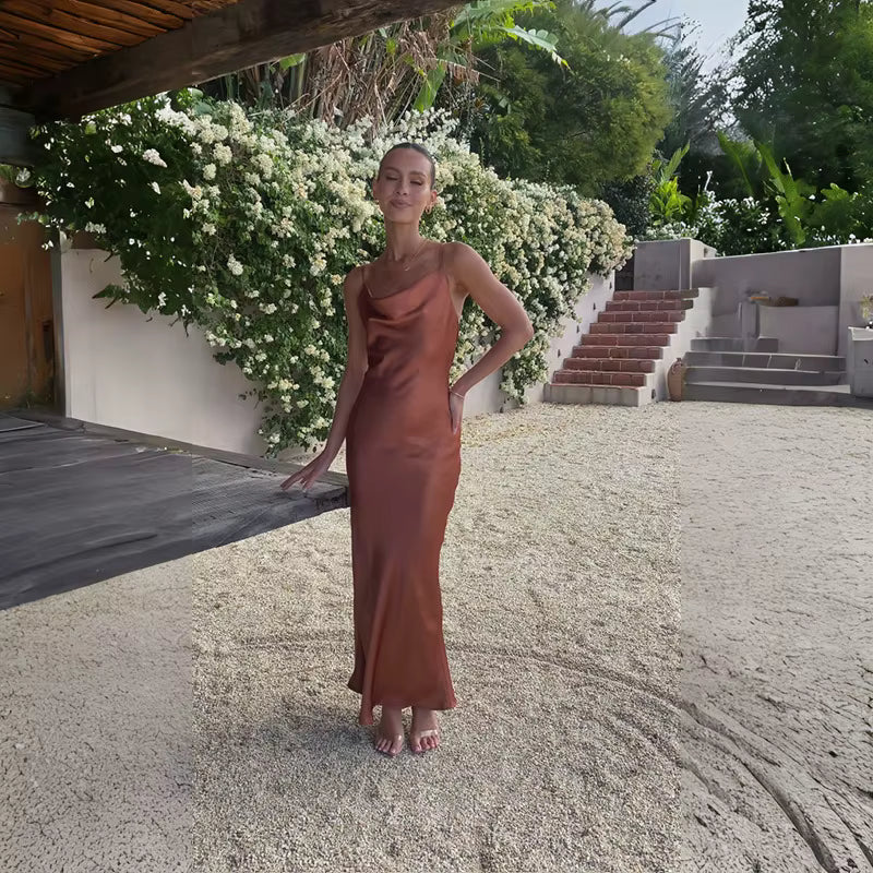 Elegant Spaghetti Strap Backless Zipper Satin V Neck Long Maxi Dress
