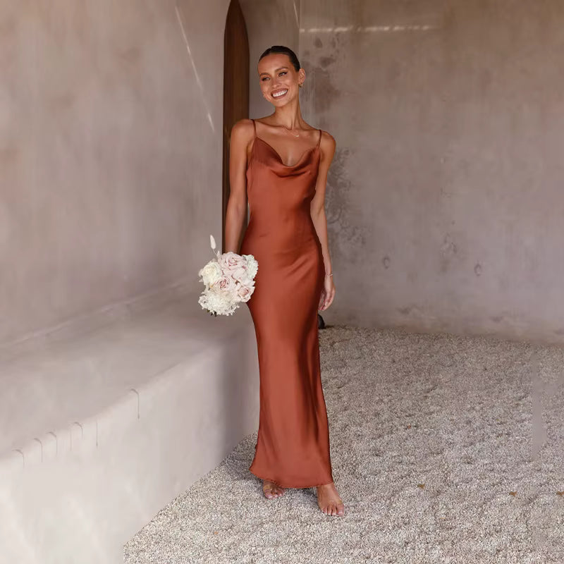 Elegant Spaghetti Strap Backless Zipper Satin V Neck Long Maxi Dress