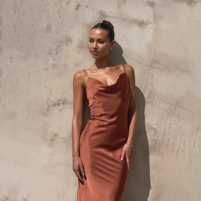 Elegant Spaghetti Strap Backless Zipper Satin V Neck Long Maxi Dress
