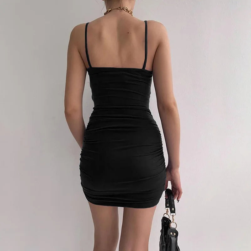 Elegant Spaghetti Strap Body-con Folds Wrap Hip Slim Mini Dress