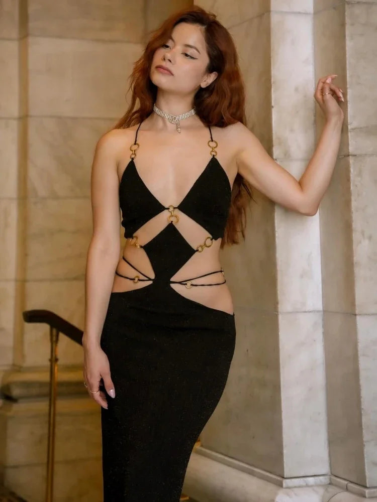 Elegant Spaghetti Strap Cut Out Metal Ring Bandage Bodycon Maxi Dress