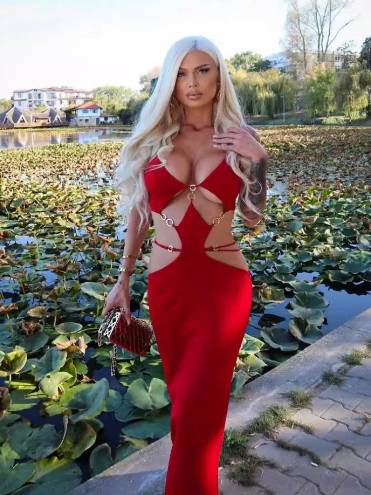 Elegant Spaghetti Strap Cut Out Metal Ring Bandage Bodycon Maxi Dress