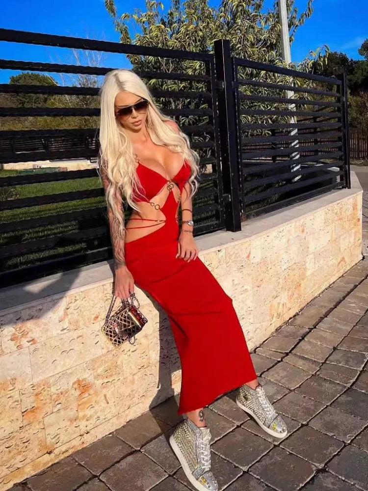 Elegant Spaghetti Strap Cut Out Metal Ring Bandage Bodycon Maxi Dress