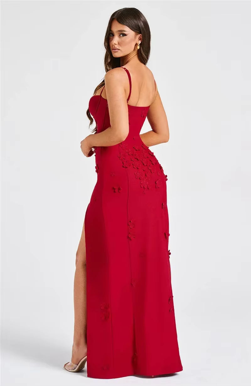 Elegant Spaghetti Strap Flower Patchwork Sleeveless Gala Maxi Dress