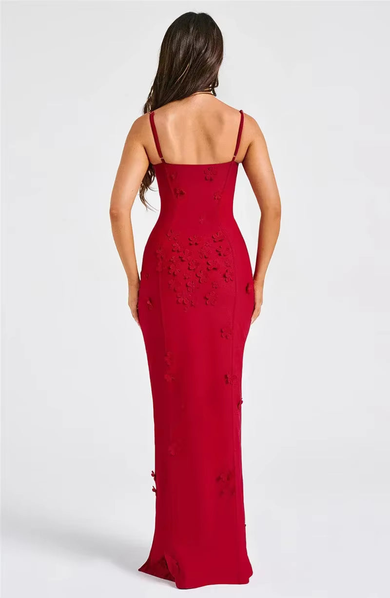 Elegant Spaghetti Strap Flower Patchwork Sleeveless Gala Maxi Dress