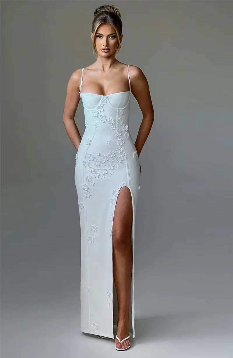 Elegant Spaghetti Strap Flower Patchwork Sleeveless Gala Maxi Dress