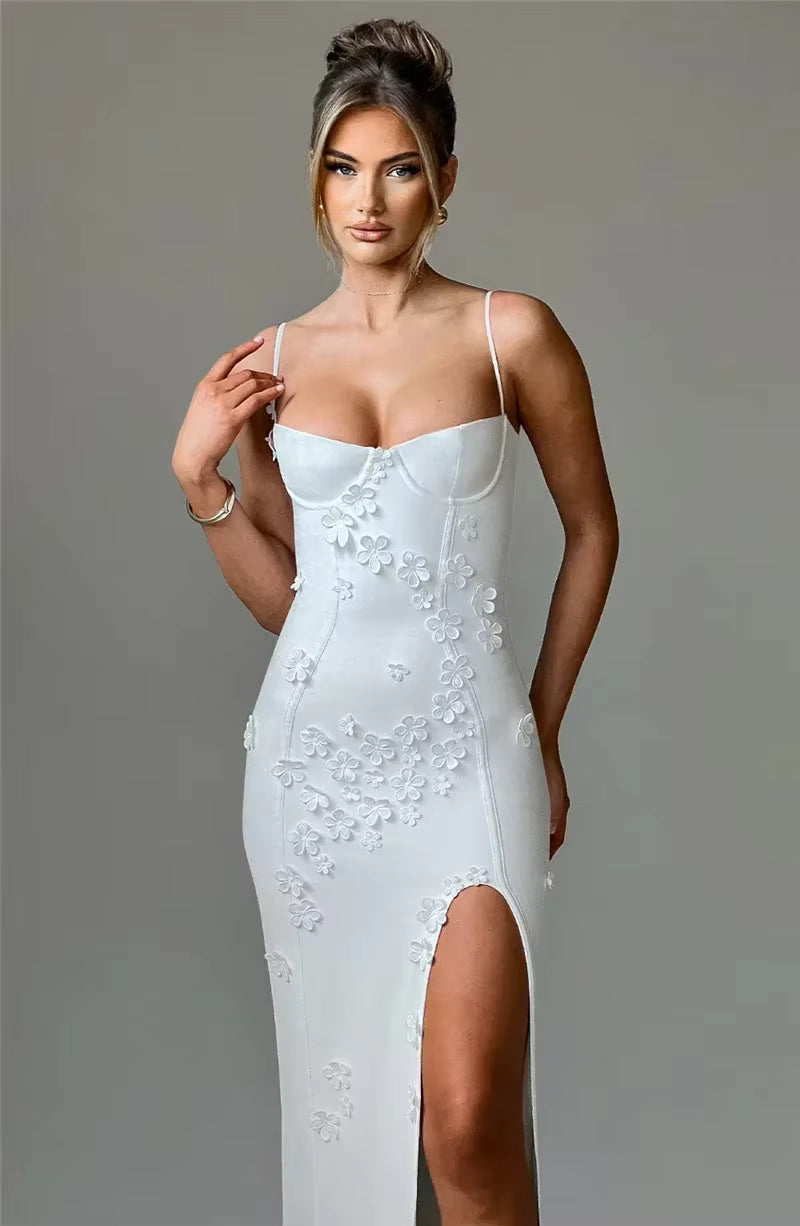 Elegant Spaghetti Strap Flower Patchwork Sleeveless Gala Maxi Dress