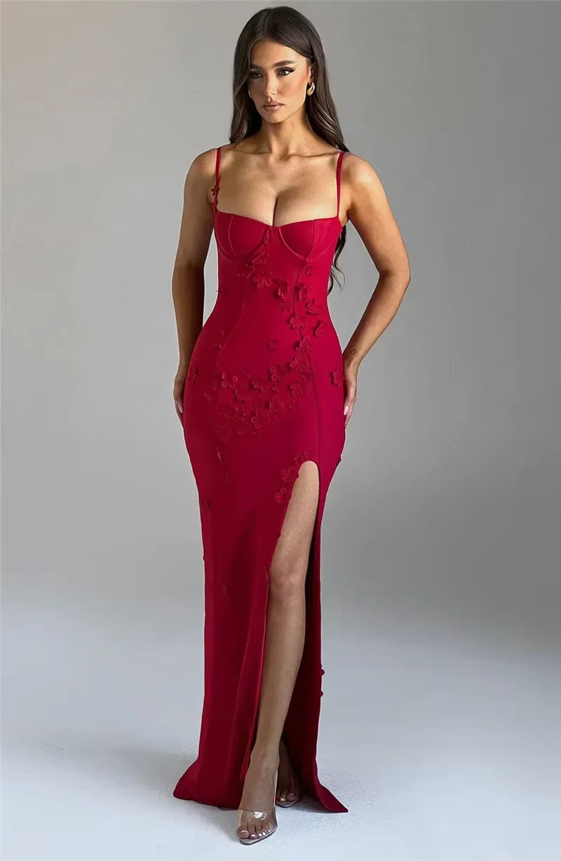 Elegant Spaghetti Strap Flower Patchwork Sleeveless Gala Maxi Dress