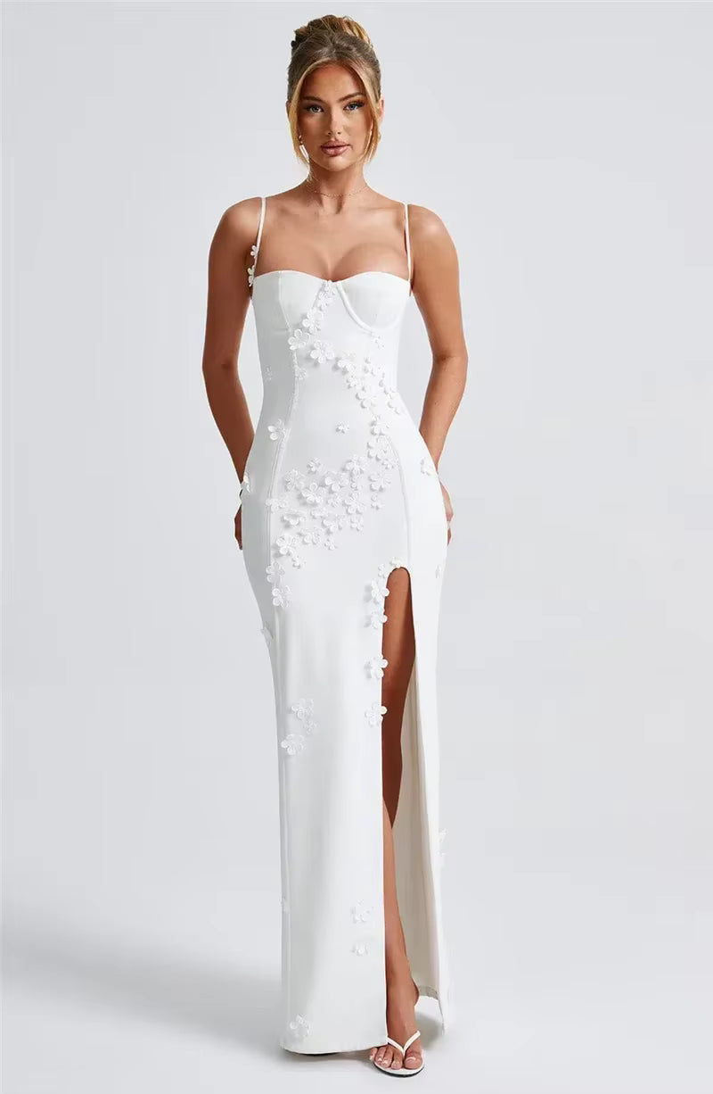 Elegant Spaghetti Strap Flower Patchwork Sleeveless Gala Maxi Dress